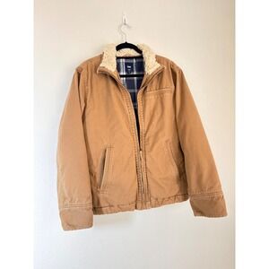 Gap Canvas Workwear chore Jacket Medium Tan Sherpa Lined Flannel Utility zip up